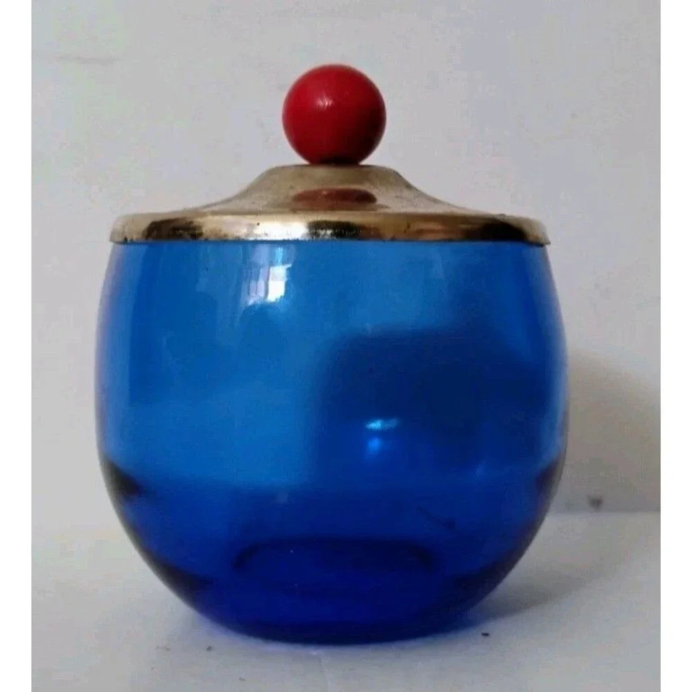 Vintage Art Deco Hazel-Atlas Cobalt Blue Glass Jam Jar with Notched Chrome Lid